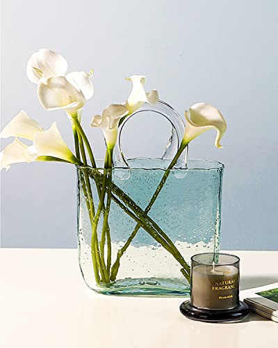 Flower Vase - 10" Glass Vases For Flowers With Purse Design, Light Blue Vase With Handle And Bubbles For Home Decor (Light Blue) #TOP1