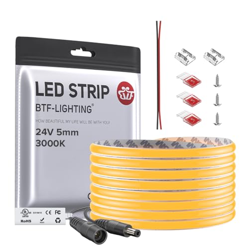 Image of BTF-LIGHTING FCOB Thin 5mm Width COB LED Strip, UL Listed Warm White 3000K Narrow Uniform Light, 16.4FT DC24V CRI 90+ Flexible LED Tape Light for Home Indoor DIY Lighting(No Adapter or Controller)