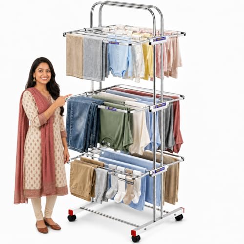 Image of URBAN KRAFT 3 Tier Foldable Cloth Drying Stand | Heavy Duty Rack for Drying Clothes | Full Stainless Steel Cloth Dryer Stand with Wheels - 6 Folding Wings, Easy to Assemble