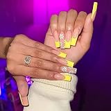 BABALAL Coffin Press on Nails Long French Tip Fake Nails Yellow Glossy Glue on Nails Flower Ballerin