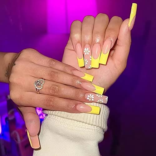 Babalal Coffin Press On Nails Long French Tip Fake Nails Yellow Glossy Glue On Nails Flower Ballerina Acrylic Nails 24Pcs With Flower Design Stick On Nails #TOP14