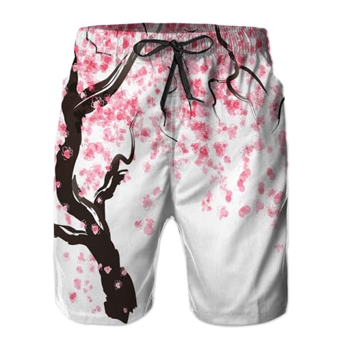 Hzcmaoyi Mens Swim Trunks with Mesh Lining,Japanese Cherry Blossom Tree Quick Dry Swimsuit Board Shorts Beach Pants Swimwear Bathing Suits L