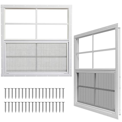 Yuzzy Shed Windows 2 Pack Chicken Coop Windows 30 x 30 with Tempered Glass and Fiberglass Screen Flush Mounted Small Window for Shed Barns Playhouse Household Garage (White)