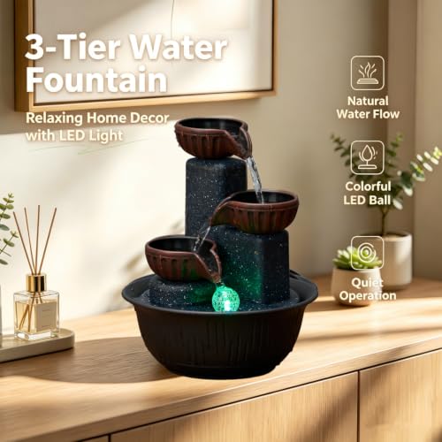 Image of 3-Tier Tabletop Water Fountain with Warm Ambient Light, Cascading Bowl Design, Compact Indoor Desk Decor, 8.3x6.3 inch Indoor Calming Cascading Waterfall Fountain (Brown)