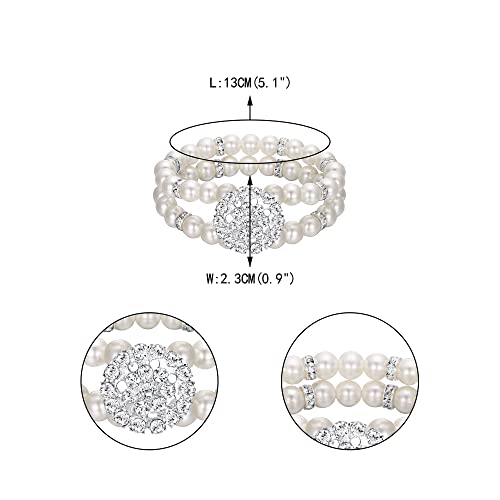 Ever Faith Elegant Wedding Jewelry Cream Simulated Pearl Crystal Floral Stretch Bracelet With 2-Rows For Bride #TOP3
