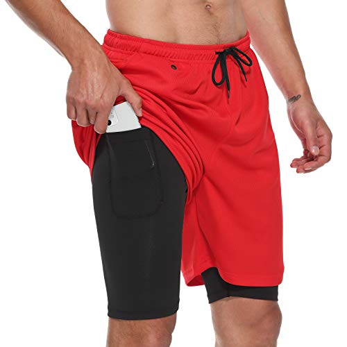 FEDTOSING Mens Running Shorts 2-in-1 Gym Workout Quick Dry Breathable Sports Training Shorts with Pockets Red 3XL