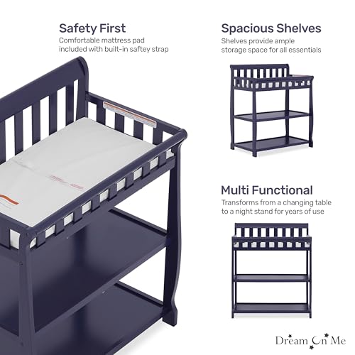 Image of Dream On Me Ashton 2-in-1 Changing Table & Nightstand in Navy- Solid New Zealand Pinewood, Safety Rails, Spacious Storage Shelves & Water-Resistant Changing Pad, Converts to Nightstand
