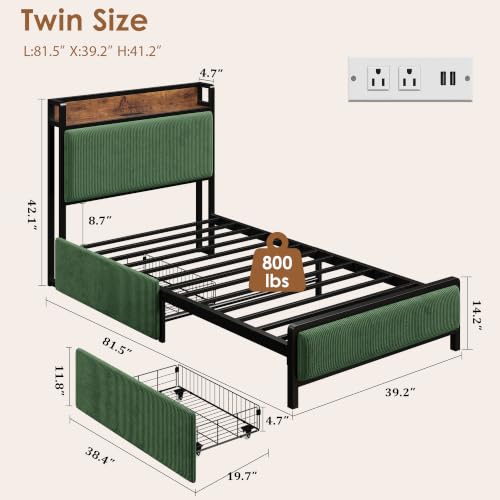Image of GAOMON Twin Size Bed Frame with 2 Drawers and Charging Station, Green