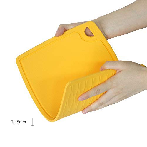Liflicon Thick Silicone Cutting Board 12.6'' X 9.1'' Juice Grooves Easy Grip Handle Dishwasher Safe-Yellow #TOP5