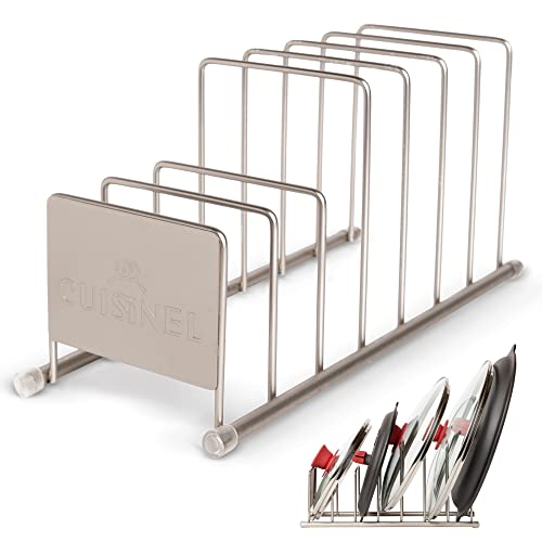 Cuisinel Lid and Dish Organizer Rack - Satin Nickel Silver Kitchen Storage Organization Stand - Plate Holder, Pan/Pot Covers, Cutting Board and Cookie Sheet Divider - 7-Tier Cabinet/Counter Display