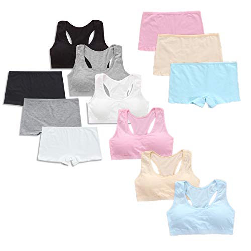 VeaRin Girls Cami Bra and Boyshort Underwear Set with Removable Padding 12 Pieces (Racerback Bra and Panties 6 Set, Medium)