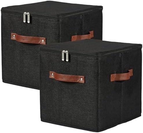 2PCS Storage Cubes with Lid Fabric Storage Bins Boxes PU Leather ...