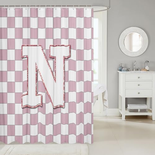 Image of Erosebridal Pink Initial N Bathroom Accessories Kawaii Plaid Checkered Shower Curtain Cute Personalized Monogram Bathroom Curtain for Kids Girls 72 inch Wx72 L Fashion Grids Gingham Shower Decor