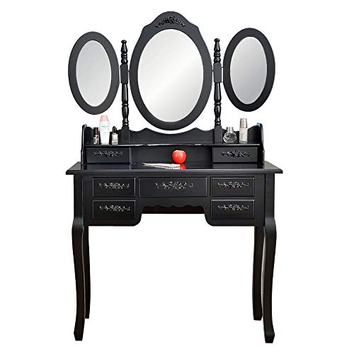 Makeup LED Lights Vanity Table, w/10 LED Lights Oval Mirror,Makeup Table with Oval Mirror & Stool, Wood Dressing Table with 4 Drawers Girls Women Bedroom Furniture (Black with Light)