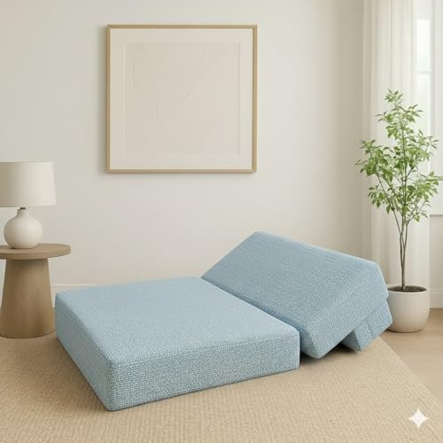 Image of PUM PUM Foldable Sofa Cum Bed | EPE Foam 2 Seater Floor Sofa | Premium Jute Fabric | Space-Saving Furniture for Living Room & Bedroom|36 Inch Width,Sky Blue