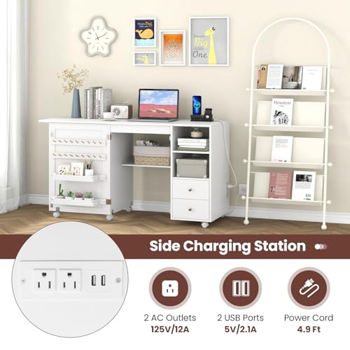 image for COSTWAY Sewing Machine Table with Charging Station, Folding Sewing Cab