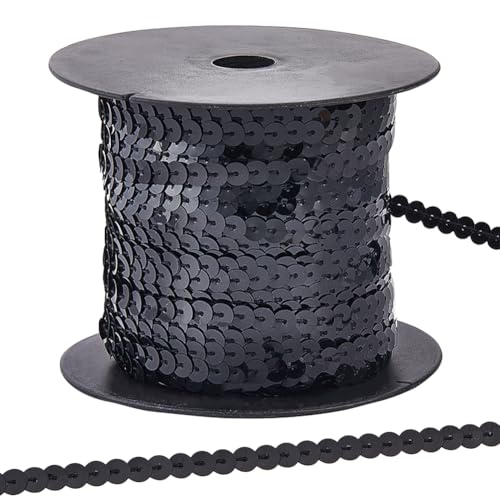 CABODYALS 100 Yards Schwarzer Paillettenband zum Aufnähen Paillettenbesätze Kunststoff Metallisch Glänzend Glitzernd Flaches Runde Perlenband Mit Spule Zum Nähen Herstellen von Fliegen Taschen Weihnac