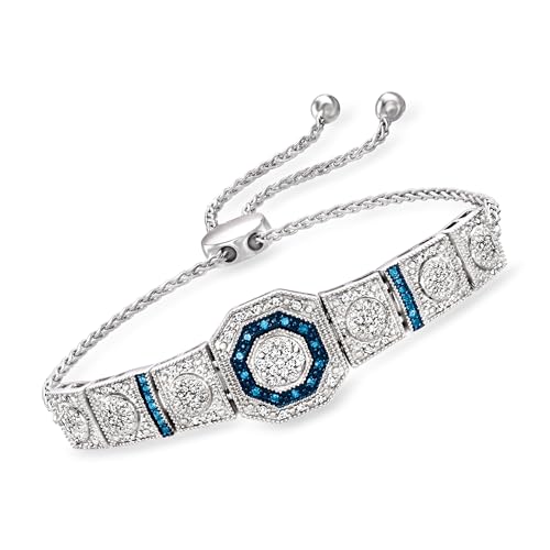 Ross-Simons 0.50 ct. t.w. Blue and White Diamond Octagon Bolo Bracelet in Sterling Silver