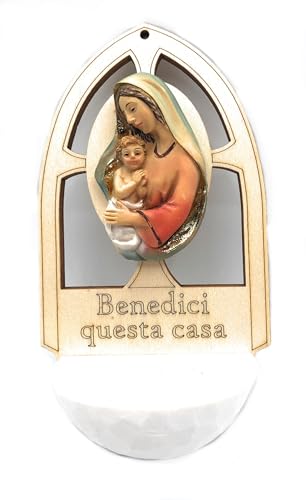 Generico Weihwasserkessel aus Holz und Harz mit Madonna und Kind, 15 cm