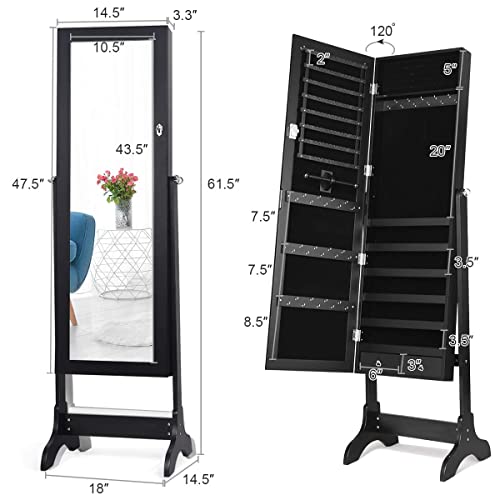 Giantex Lockable Standing Jewelry Armoire With Full Length Mirror, Large Storage Capacity Jewelry Cabinet Organizer With 2 Drawers, 4 Angel Adjustable, Extra Wide Mirror, For Women Girls (Black) #TOP6