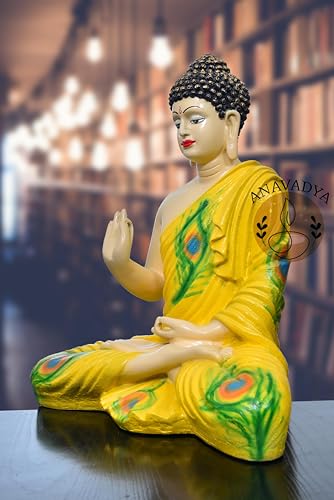 Image of Beautiful Sitting Buddha Idol Statue for Home & Garden Living Room | Healing Spirit Blessing Buddha Statue - 15 Inch Size (Yellow + Cream)