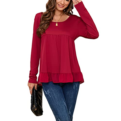 Sanifer Womens Chiffon Maternity Tops - Causal Round Neck Babydoll Blouses Long Sleeve Work Tunic Shirt Red #TOP19