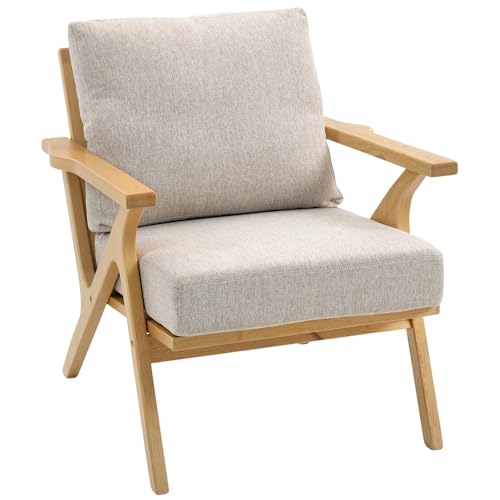 HOMCOM Fauteuil Salon, Fauteuil scandinave en Tissu Effet Lin avec Coussins épais, Assise rembourrée et Pieds en Bois d'hévéa, Chaise de Salon, Chambre, Coins...