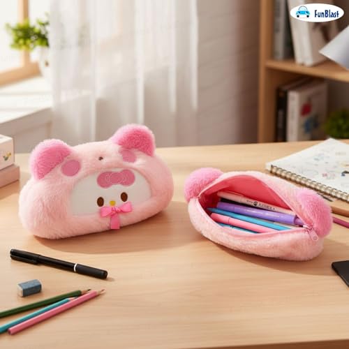Image of FunBlast Fur Pencil Pouch for Girls - Cute Cartoon Animal Pouch, Multi-Purpose Zipper Case for School Kids, Cosmetic Pouch for Girls, Coin & Travel Pouches for School /Office (Pink-A)
