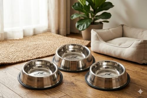 Image of Pets Empire Dog & Cat Bowls Stainless Steel, Pack of 3, Anti-Skid Feeding Bowls for Food & Water, Heavy Duty Metal Pet Bowl, Rust Proof, Dishwasher Safe for Puppies, Cats & Dogs (3, 900 ML)