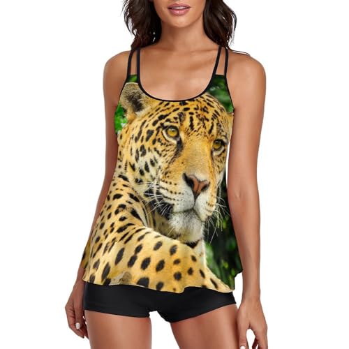 Maillot de bain tankini léopard jaune masquant le ventre avec shorty et robe de plage couvrante