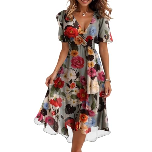 Spring Summer Chiffon Midi Dresses for Women 2026 Elegant Classy Wedding Guest Floral Formal Prom Cocktail Dress Multicolor M