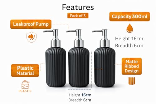 Image of LAGET 300ml Soap Dispenser for Wash Basin - Plane Ribbed Design | Kitchen and Bathroom Accessories Items | Refillable Handwash Dispenser Bottle- Set of 3 (Black)