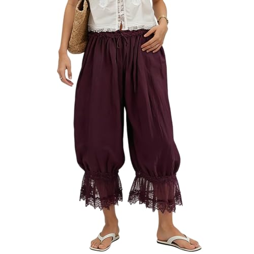 Image of KOSUSANILL Women Long Bloomer Pants Lace Trim Ruffle Pantaloons Cropped Lounge Pajama Bottoms Y2K Capri Pettipants