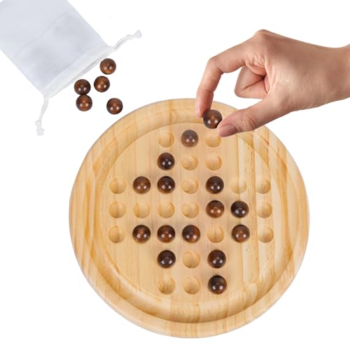 Image of Gothink Solid Wood Solitaire Game, Classic Handcrafted 9'' Wooden Solitaire Board, 33 Smooth Wooden Balls, Single Strategic Mind Game for Kids and Adults