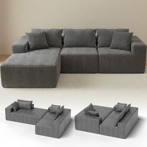 RUMMY Modular L-Shaped Corduroy Sofa, Boneless Cloud-Style Sectional with High-Resilience Foam, Deep Seat Comfort, and No-Assembly Design for Living Room or Bedroom