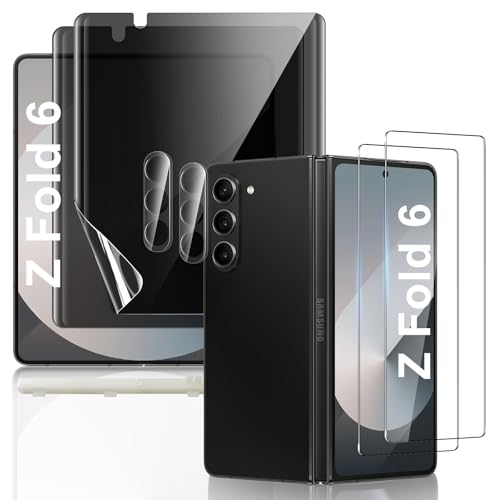 JEHOO [2Set 6PCS] Screen Protector for Galaxy Z Fold 6, 2 Inner TPU Privacy Films + 2 Outer Tempered Glass + 2 Camera Lens Protecters with Positional Mouting Frame, No Creases, No Bubbles