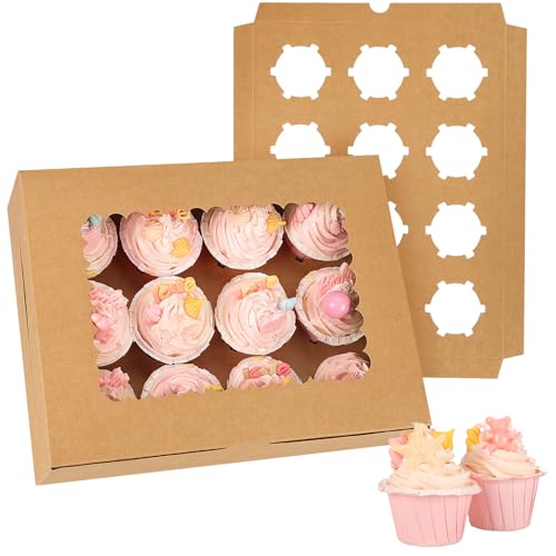 Moretoes 34 Sets Cupcake Boxes, Hold 12 Count Cupcake Containers, Brown Containers with Window and Inserts, 13 x 10 x 3.5 Inches Kraft Bakery Carrier Boxes for Birthday Holiday Party Bakery Supplies