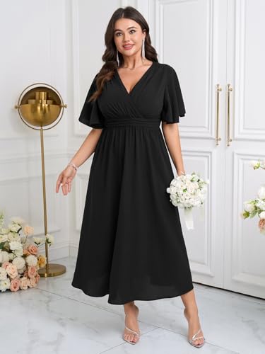 Image of SHESTARR Womens Plus Size Wrap V Neck Dress Short Flutter Sleeve Pleated Empire Waist Ruffle A Line Maxi Long Dresses