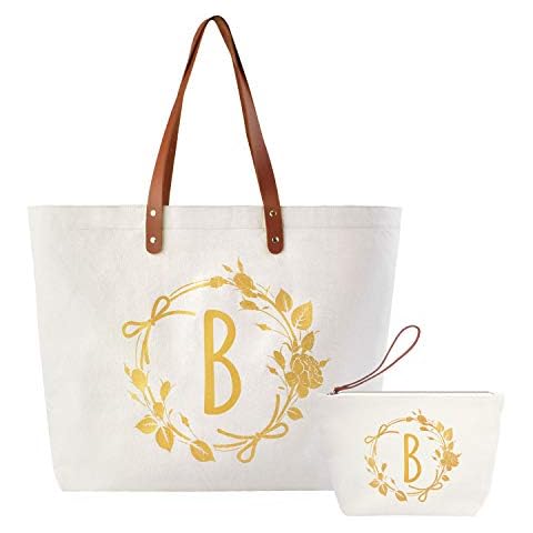 ELEGANTPARK Monogrammed Gifts for Women B Initial Tote Bag Personalized Makeup Bag Wedding Gifts Birthday Teacher Gifts Bag Tote Cosmetic Bag Set of 2 Pcs Cover