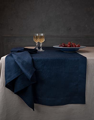 D'moksha Navy Blue Table Runner 14 X 72 Inch, 100% Pure Linen Hemstitch Table Runner 72 Inches Long, Perfect For Christmas, Thanksgiving, Wedding, Party, Living Room, Easy Care Machine Washable #TOP1