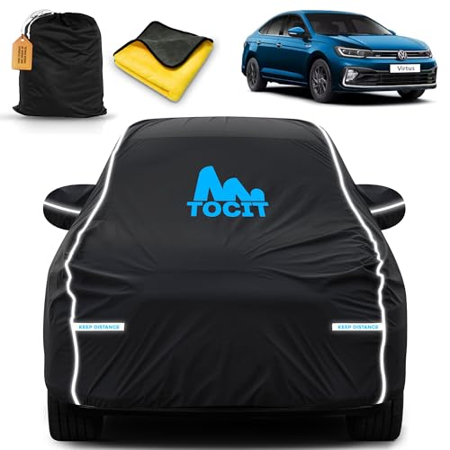 Image of Volkswagn Virtus Waterproof Long Life Car Cover with Safety Glow Reflective Strap, Premium Velvet Velour Fabric, Soft & Stretchable, Machine Washable, Tri-Stitch Custom Fit with Mirror Pocket