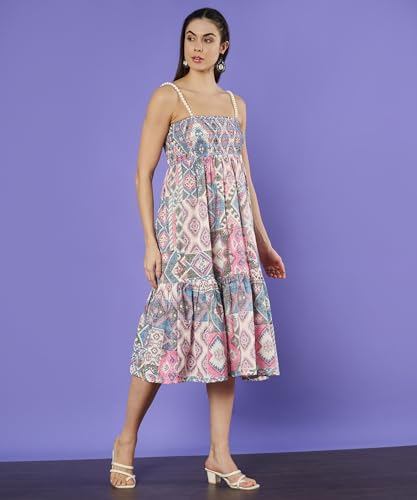 Image of COTLAND Fashions Breathable Cotton Printed A-Line Midi Dress for Women