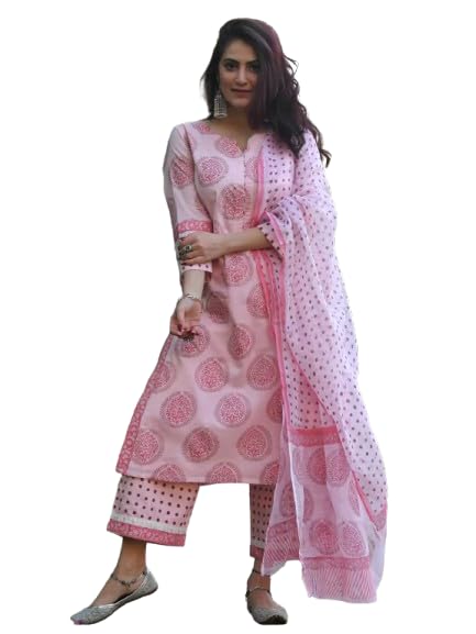 Image of Pinkmint Women Straight Motif Printed Kurta and Pant Set with Dupatta