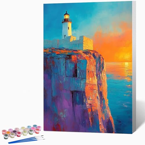 灯台 ペイントバイナンバーキット海 数字油絵 塗, DIY手描き油絵セット(ブラシ3本とアクリル絵の具を含む)、キャンバスセット、家の壁の装飾ギフト,誕生日プレゼント女性 40*60CM フレームなし -WX251021X