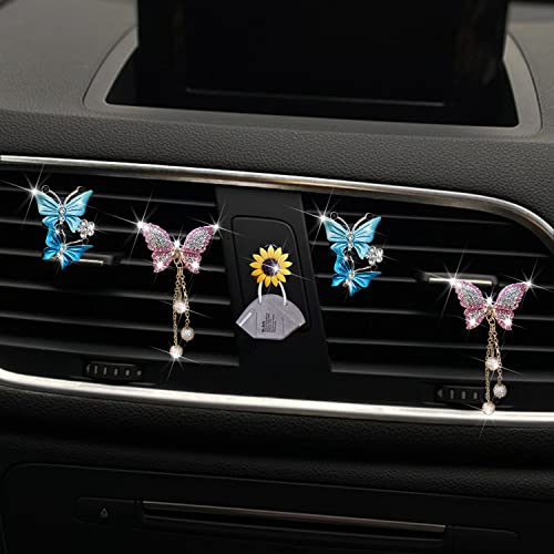 Image of 4 Pcs Bling Butterfly Air Vent Clips, Pink & Blue Butterfly Car Air Fresheners Vents Clips Car Diffuser Diamond Car Interior Decor Cute Car Accessories Car Decoration for Women +Sunflower Mask Hook