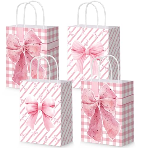 MotiMind 24 Pcs Pink Bow Paper Gift Bags with Handles, Party Favor Bags