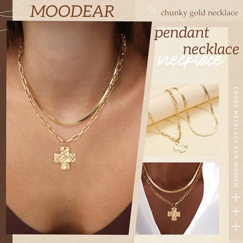Moodear Chunky Cross Necklace for Women - Trendy 14K Gold Plated/Silver Statement Crucifix Pendant Necklaces Layered Non Tarnish Paperclip Charm Chain Snake Herringbone Choker Easter Jewelry Gift2