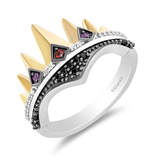 Jewelili Enchanted Disney Fine Jewelry Black Rhodium and 14K Yellow Gold Over Sterling Silver with 1/6 CTTW Diamonds Evil Queen Ring