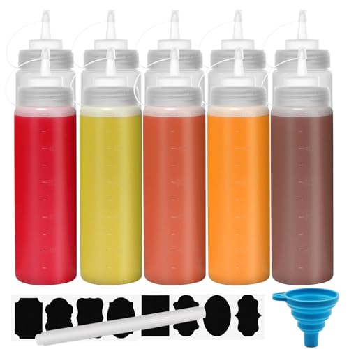 Chetexus Botella exprimible de condimentos de 16 onzas, paquete de 10 botellas de salsa exprimibles de 500 ml, dispensadores de plástico con medidas para ketchup, barbacoa, salsas, jarabe, aderezos