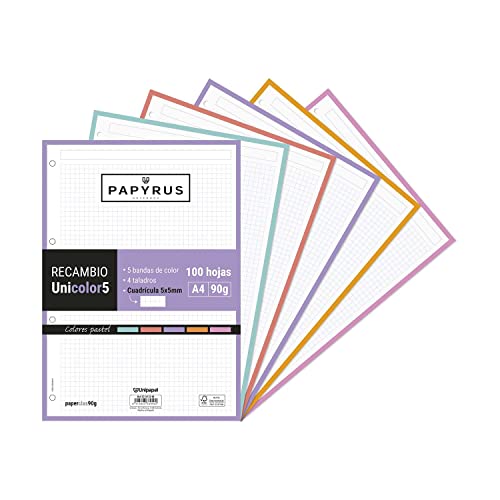 UNIPAPEL 53392399 Recambio 100 Hojas A4, 5 Bandas Colores Vivos, Cuadrícula 5x5, 90g, Papyrus - Unicolor 5